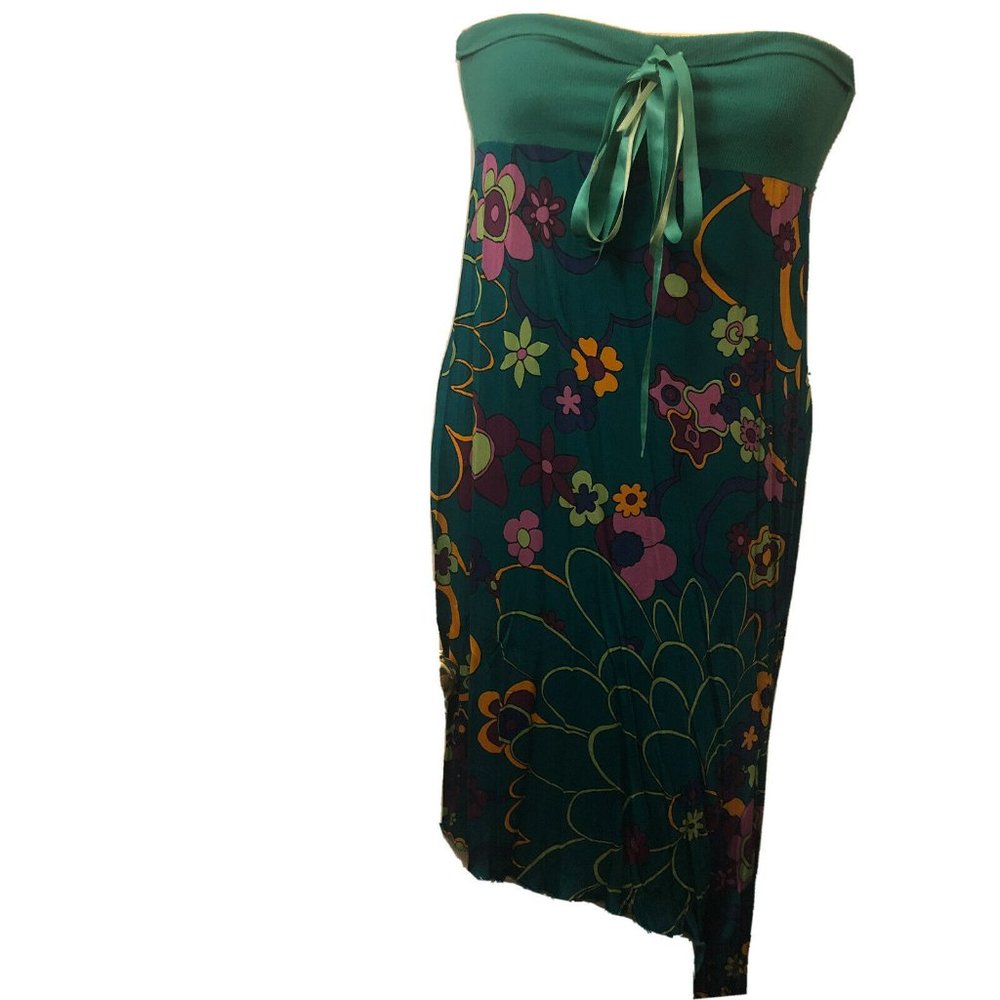 SISLEY Italy Y2K Designer Teal Floral Halter Strapless Dress